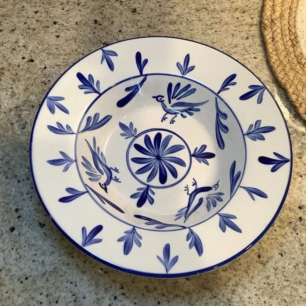 [Two] Evandale Blue and White Bird Print Stoneware Bowl Set of 2